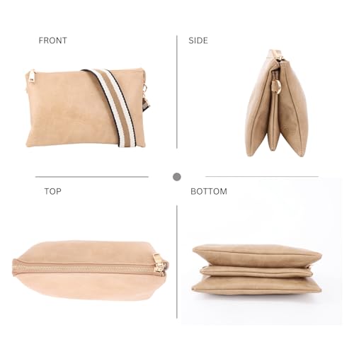 JEN & CO. Izzy Crossbody Bag, Wristlet Clutch Shoulder Purse for Women | Vegan Leather, 3 Compartments, Handbag with Inside Card Slots, Removable Wristlet, Adjustable Guitar Strap for Daily Travel - color: Camel