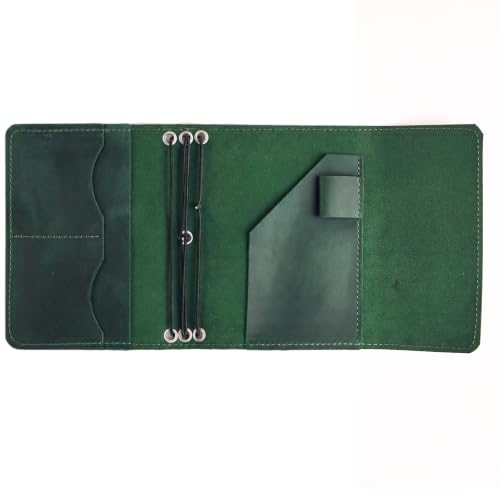 B6 Leather Journal Cover - Refillable Travel Notebook Cover with 3 Elastic Bands, Card Slots & Pen Holder, Handmade Genuine Leather Journal Case, Fits 4.9" x 6.9" Inserts (Paper Not Included), Green - size: B6