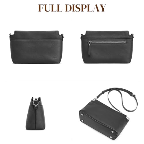 S-ZONE Genuine Leather Crossbody Bags for Women Small Purses Shoulder Bag | Soft Pebbled Leather, Compact Daily Size, Zipper Closure, Adjustable Strap, Bottom Metal Feet - color: Black