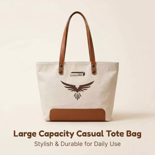 Canvas Tote Bag, Large Capacity, Zippered | Casual Shoulder Handbag 17.7 × 12 × 4.9 inches
