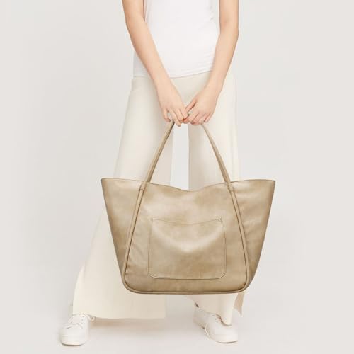 KKXIU Large Tote Bag for Women with Zipper Work Leather Travel Purse and Handbags - color: Beige
