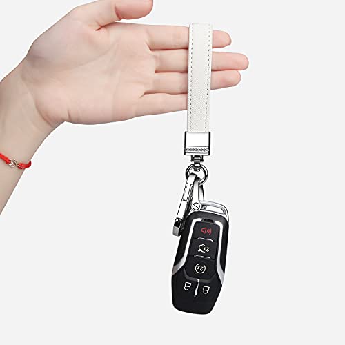 QBUC Genuine Leather Car Keychain,Universal Heavy Duty Metal Key Chain Accessories,Car Fob Key Keychain Holder with 360 Degree Rotatable Snap Swivel and Anti-Lost D-Ring for Men Women(White) - color: White