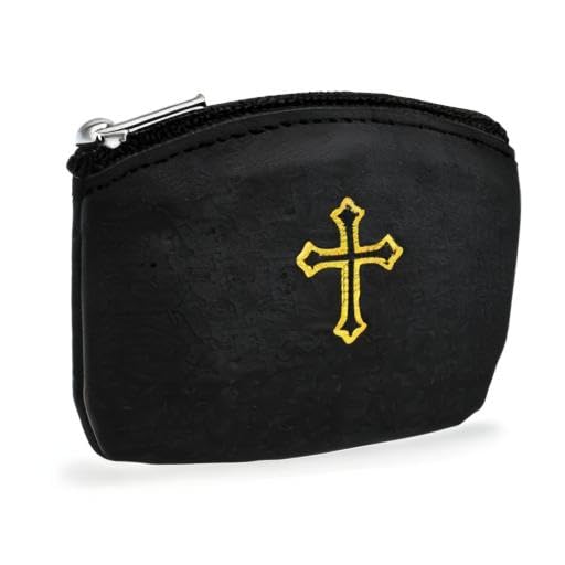 Black Rosary Pouch with Zipper & Gold St. Thomas Cross Imprint | Compact Leatherette Rosary Case for Small to Medium Rosaries | Protective Travel Rosary Holder for Men & Women - color: Black