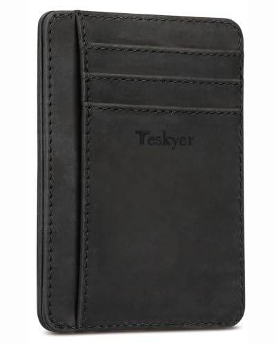 Teskyer Slim Minimalist RFID Wallet for Men Women, Genuine Leather - Black | Premium Genuine Leather, Ultra Slim Front Pocket Design, RFID Blocking Security, Durable Stitching, Gift Ready Packaging - color: Black