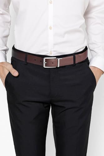 Men’s Casual Leather Belts - Reversible Belts For Men - Dual Side Adjustable buckle Dress Pants Mens Belts - color: Silver Straight Buckle - Reversible Leather Belt, size: 32" - 34" Waist Adjustable