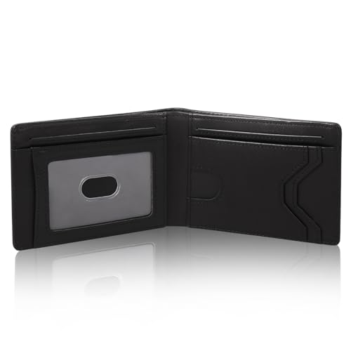 bifold leather wallets for men rfid blocking,slim mens minimalist wallet 8 card slot with 1 ID window (BLACK) - color: BLACK