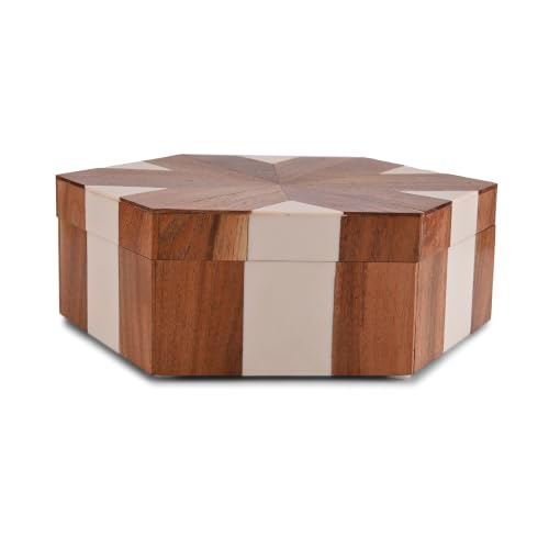 Perilla Home Hexagon Wooden Box, Brown and White, Wood and Resin, 9.54x8.07x3.15 Inch, Decorative - color: Brown and White