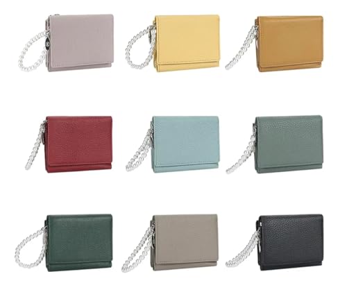 Genuine Real Leather Trifold Wallet with Coin purse for Women, ID Card Holder Case With Pearl Beads Hand Strap - Lilac - color: #08 Lilac