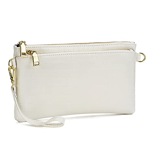 ZOOEASS Triple Zip Small Crossbody Bag Lightweight Purses Vegan Leather Wristlet Clutch, Includes Adjustable Shoulder - color: Crocodile White