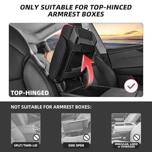 5 in 1 Nappa Leather Console Armrest Cover, Black Red Stitch | Built-in cup holder, tissue slot, phone holder & 2 storage pockets, practical car accessories fit SUV sedan truck - color: Black with Red Stitching