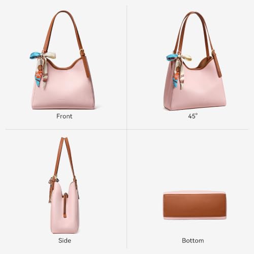 BOSTANTEN Shoulder Bag for Women, 3-Compartment Leather Purses and Handbags | Pebbled Leather, Adjustable Strap, Scarf Included, Roomy, Office to Weekend - color: Pink
