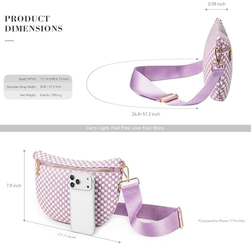 Woven Crossbody Bag for Women, Checkered PU Bum Bag Sling Purse with Adjustable Strap for Travel, Festivals - color: Lilac & White