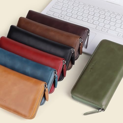 VISOUL Leather Long Zipper Pouch Wallet for Men and Women with RFID Blocking, Large Clutch Cash Long Wallet with Zipper (Tan) - color: Tan