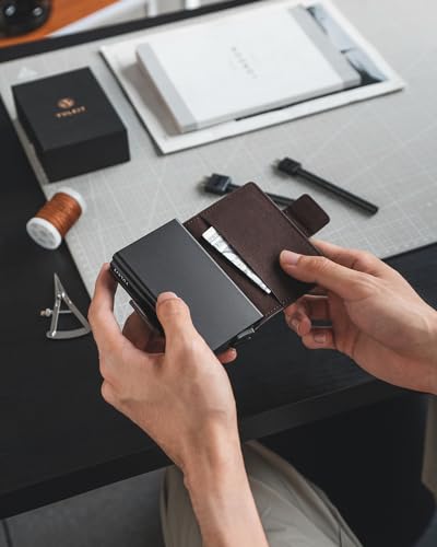 VULKIT Credit Card Holder RFID Blocking Leather Automatic Pop Up Wallet Magnetic Wallet Double Card Case for Men and Women - color: Alcantara Brown