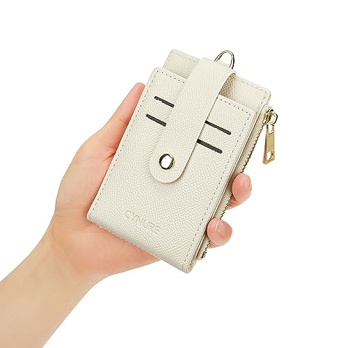 Women Leather RFID Card Holder Bifold Keychain Wallet - color: beige