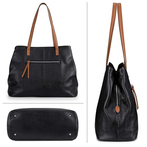 S-ZONE Women Soft Genuine Leather Handbag Large Capacity Shoulder Hobo Bag Fit for 13'' Laptop | Pebbled Leather, Foldable soft leather, Fits 13-Inch Laptop,3 Roomy Compartments, Bottom Metal Feet - color: Black