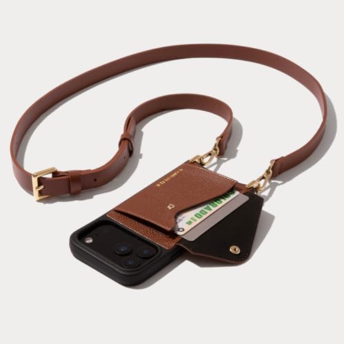 Bandolier Hailey Crossbody Wallet Phone Case for iPhone 16 Pro. 100% Genuine Pebble Leather with Gold Hardware. Adjustable & Removable Strap. Expandable Flip Card Holder. Cognac with Gold Hardware - color: Cognac/Gold, size: iPhone 16 Pro