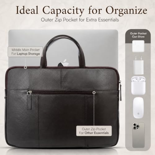 ALLEN & MATE 100% Leather Laptop Case 15 Inch Laptop Sleeve fits MacBook Air/Pro 15" M5/M4/M3/M2, MacBook Pro 14", Dell, HP, Lenovo, Chromebook 14"-15.6" Computer Bag Zip Pocket - Brown - color: Brown, size: 15 in