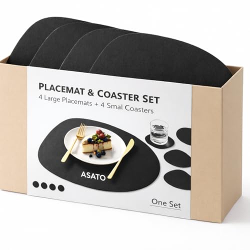 ASATO Premium Quality Leather Placemat and Coaster Set, Red, Oval Shape, 4 Large Placemats and 4 Small Coasters (Black&Brown) - color: Black&brown
