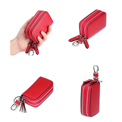 Key Fob Case Genuine Leather, Double Zipper Car Key Holder & Key Wallet with Keychain, Key Pouch for Purse Gift - color: White Regular, size: 3.07 x 1.97 inches (L x W)