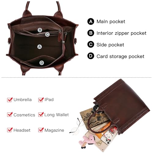Leather Tote Bag for Women Genuine Leather Work Tote Travel Purse Top Handle Crossbody Handbags - color: Coffee