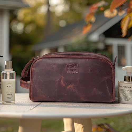 LEATHER VILLAGE Leather Toiletry Bag for Men, Travel Dopp Kit Shaving Bag - color: Mulberry Brown