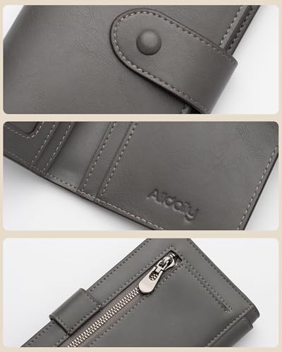 RFID Blocking Leather Wallet for Women, Slim Trifold with 14 Card Slots and Zipper Pocket (Grey) - color: Grey