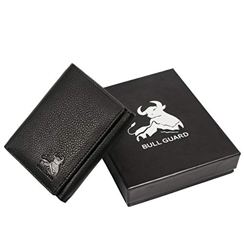 BULL GUARD Best Leather Men's RFID Trifold Wallet With ID Great Outdoor Wallet Durable Top Grain Leather Forest Brown, Double Cash Comparment with Secret Pocket, Compact & Secure Design, In Gift Box - color: Mountain Black - Pebble Stone Black