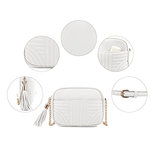 Quilted Crossbody Bags for Women - Stylish Camera Bag with Tassel - Lightweight Medium Size Shoulder Purse - color: White