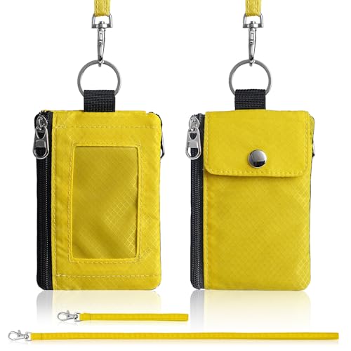 Artpaxy Minimalist Wallet For Mens Womens, Keychain RFID Blocking Zipper Small Wallet with ID Window 2 Lanyards,Water Resistant Travel Cash Card Coin Case Boys Girls - color: Yellow