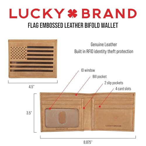 Lucky Brand Men's Bifold and L-Fold Wallet | ID Window | Card Slots | Genuine Leather | Organization | Stylish - color: Flag Embossed Leather - Black