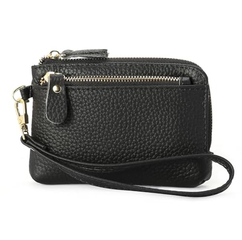 Women Genuine Real Leather Coin Purse with Hand Strap. 3 Zipper Small Wallet Wristlet with 3 credit cards slots Holder - Black - color: #01 Black