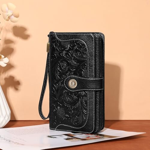 Wallets for Women Trifold Wristlet Wallets Large Capacity RFID Blocking Ladies Purse Credit Card Holder - color: E-Relief Black