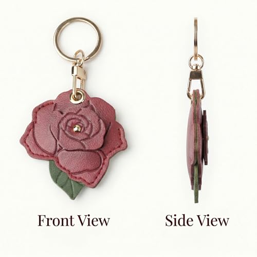 Leather Fruit and Flower Keychain Charm, Cute Double Sided PU Fruit Bag Pendant with Ring for Women - color: Dark Red Rose