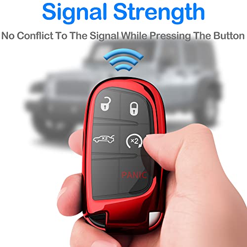 Compatible With Jeep Key Fob Cover With Leather Keychain Soft TPU Protection Key Case For Grand Cherokee Renegade Chrysler 200 300 Dodge RAM Durango Challenger Journey Dart Fiat Smart Key,Red - color: Red