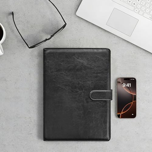 Padfolio Portfolio Folder,Faux Leather Legal Pad Holder,Interview Resume Folder with Document Organizer & Business Card Holder,Letter-Sized Notepad Holder (Black)