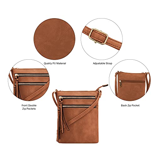 DELUXITY Crossbody Purse Bag Shoulder Bag Multi Pocket Zipper Purse - color: Cognac