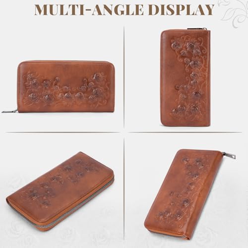 MEITRUE Womens Wallet Large Capacity Phone Clutch Purse RFID Floral Embossed Vegan Leather Travel Wallet with Wristlet Brown - color: 01-brown