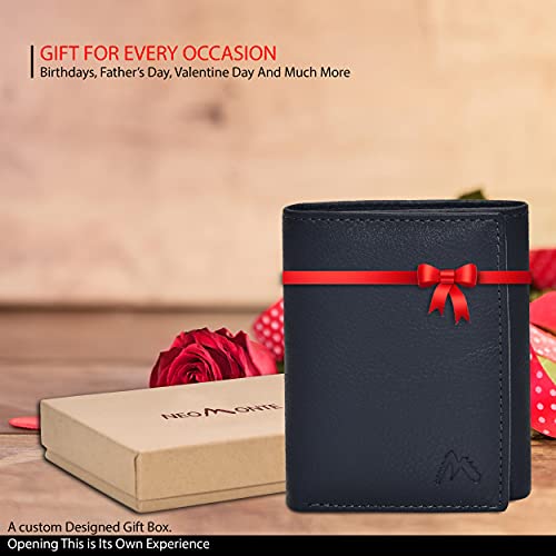 Handcrafted RFID Leather Wallet For Men, Sleek Trifold Front Pocket Wallet with 2 ID & 9 Cards Slots - color: Navy NDM