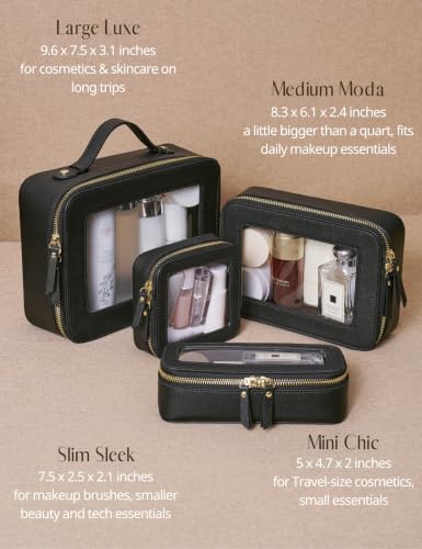 Clear Toiletry Bag 2 Pack, Travel Makeup Bag Medium and Large Black | Structured Clear Cosmetic Case with Zipper, Car Essential Organizer Bag for Women, Waterproof PU Leather, Wide Open Portable - color: Black, style: Dual Elegance