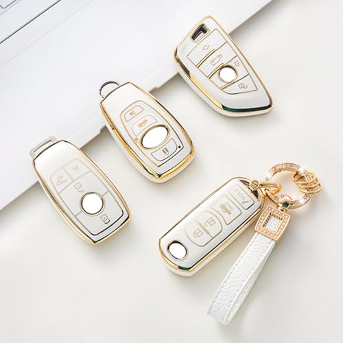for Mercedes Benz Key Fob Cover with Leather Lanyard, Key Fob Case Compatible with Mercedes Benz 2017-2021 E-Class 2018-2021 S-Class A C-Class G-Class Smart Key Protector Holder - style: For Benz 4 Buttons