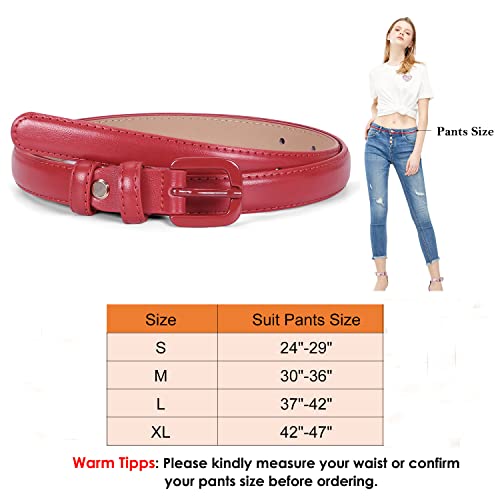 WHIPPY Women Skinny Leather Belt Thin Waist Jeans Belt for Pants in Pin Buckle Belt - color: Black+red, size: Suit Pants 24"-29"