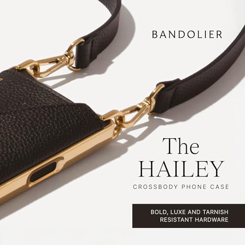 Bandolier Hailey Chrome Leather Crossbody Case iPhone 16 Pro Max - Black/G | Crossbody leather phone case. Built-in wallet w/ snap-closure. Adjustable & removable leather strap. Phone drop protection. - color: Black/Gold Chrome, size: iPhone 16 Pro Max