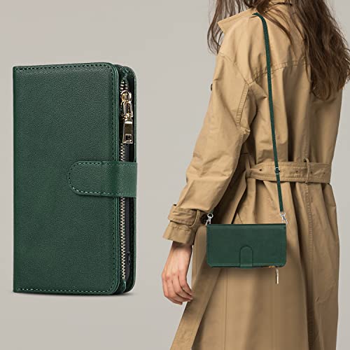 iCoverCase for Samsung Galaxy S23 Wallet Case with Card Holder, Kickstand Feature PU Leather Case with Adjustable Crossbody Lanyard Magnetic Clasp Zipper Pocket Flip Cover (Green) - color: Green, size: Galaxy S23