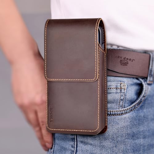 ykooe Genuine Leather Phone Holster Compatible with iPhone 17 16 15 14 13 12 & Pro Models, Galaxy S25 S24 S23 S22 -Belt Clip and Magnetic Closure,Dark Brown, L - color: Dark Brown, size: L