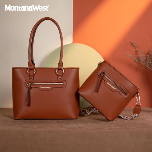 Montana West 2Pcs Tote Bag and Crossbody Set for Women Large Shoulder Handbag with Guitar Strap - color: Brown