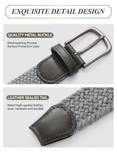 Mile High Life Cotton Stretch Braided Belt, High Elastic No Hole Casual Golf Belt For Men 1 3/8" Wide - color: Grey, size: L 36"-38" (44" Length)