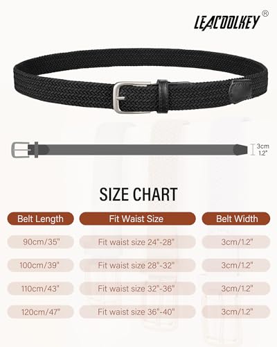 LEACOOLKEY Women’s Stretch Braided Belt Elastic Woven Casual Belt for Jeans Trousers & Golf Pants - color: Black, size: Fit waist size 36"-40", style: Silver Buckle