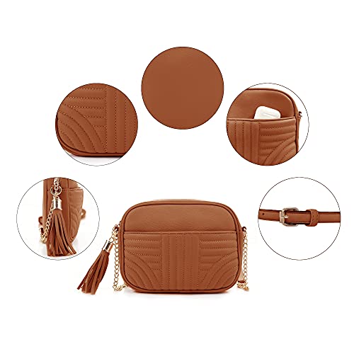 Quilted Crossbody Bags for Women - Stylish Camera Bag with Tassel - Lightweight Medium Size Shoulder Purse - color: Tan