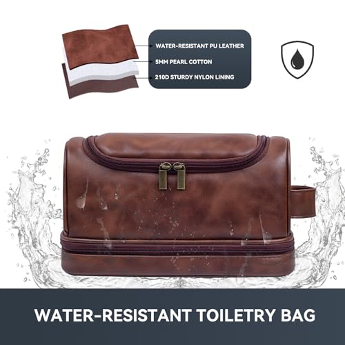 Toiletry Bag for Men,Large Leather Travel Pouch Bag with Hanging hook - color: Yellow Brown